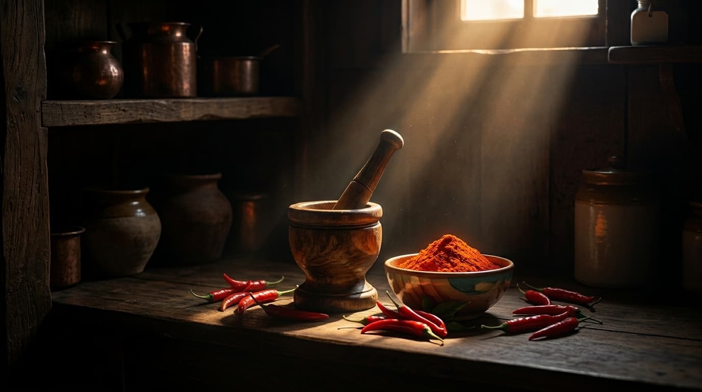 Wooden mortar and pestle with fresh red chilli powder by Vanruchi
